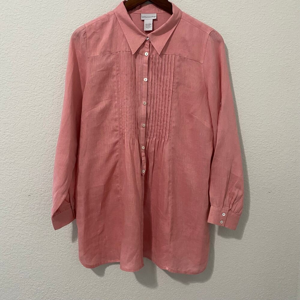 Soft Surroundings Blouse Womens Size PL Pink Long Sleeve Button up Linen Pintuck